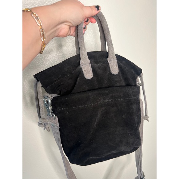 Free People Suede Drawstring Bucket Bag Black Gray Crossbody Tote Handbag - Picture 4 of 7